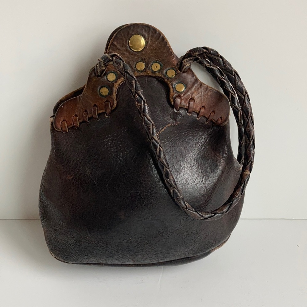Vintage leather mini purse gold grommets and braided handle brown snap close
